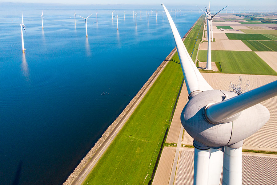 Wind turbine from aerial view Netherlands