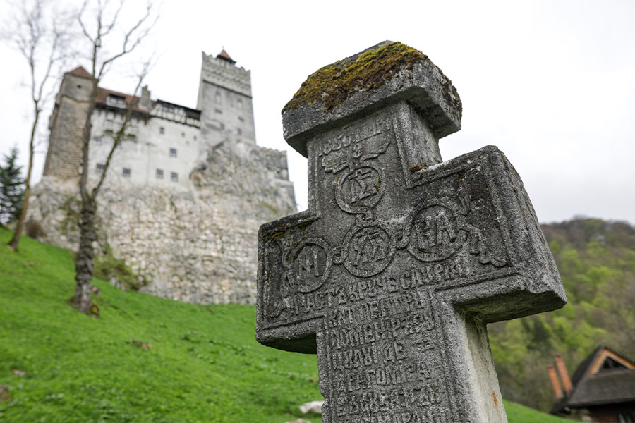 Medieval cross dracula castle Transylvania Romania