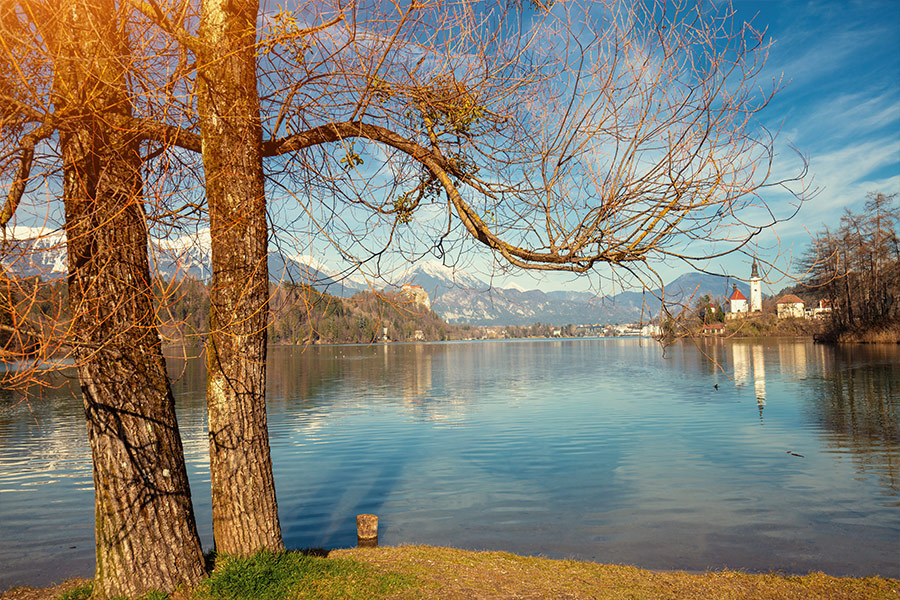 Snowy mountain and beautiful lake nature