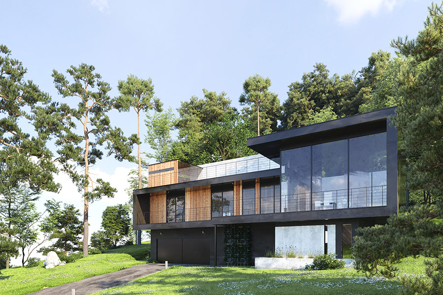 Modern house in forest 3d render