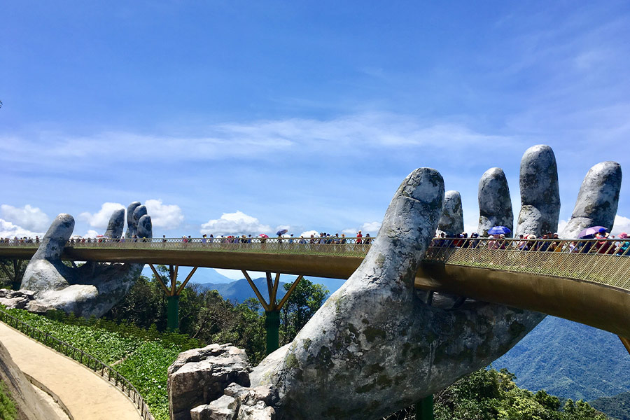 Golden bridge lifted two giant hands Danang Vietnam