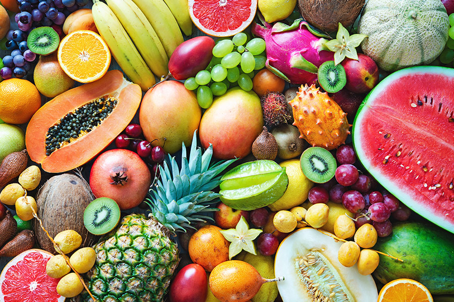 Assorted colorful ripe tropical fruits