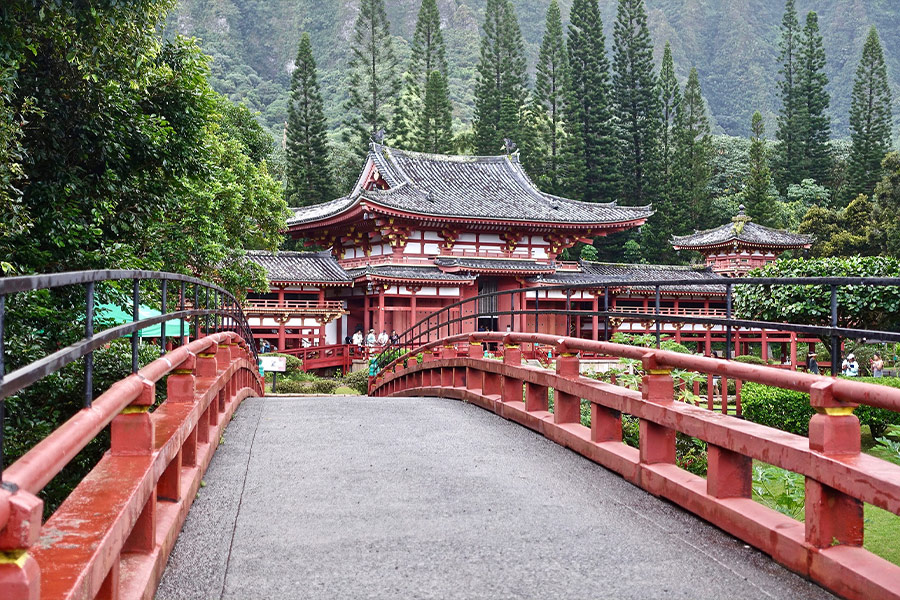 Japanese temple wooden bridge perspective