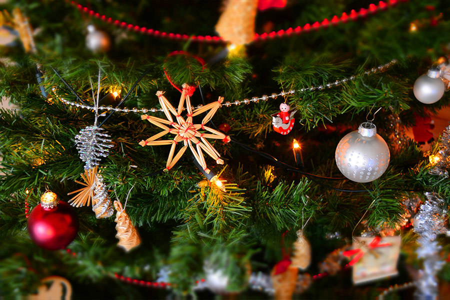 Close up christmas decoration hanging on tree