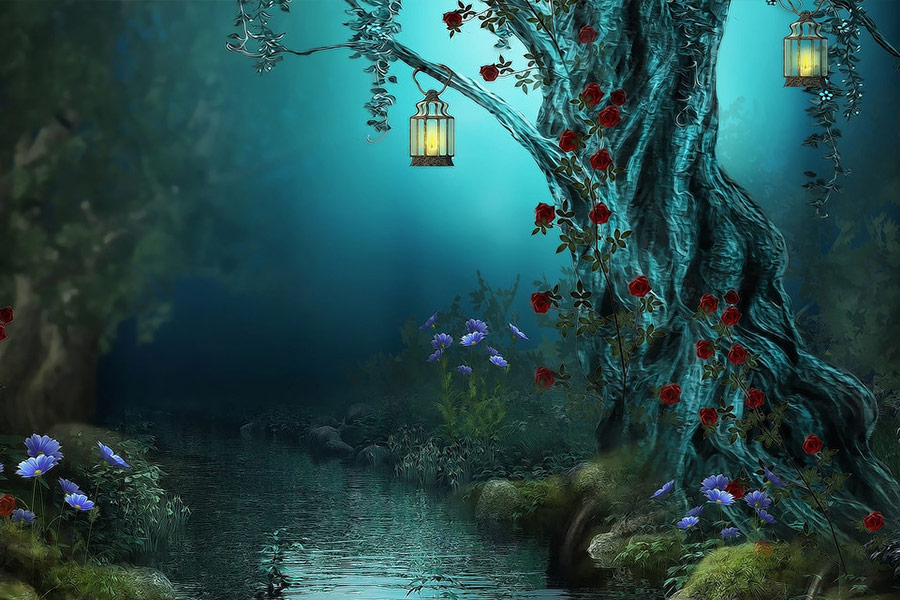 Fantasy tree lantern blue river