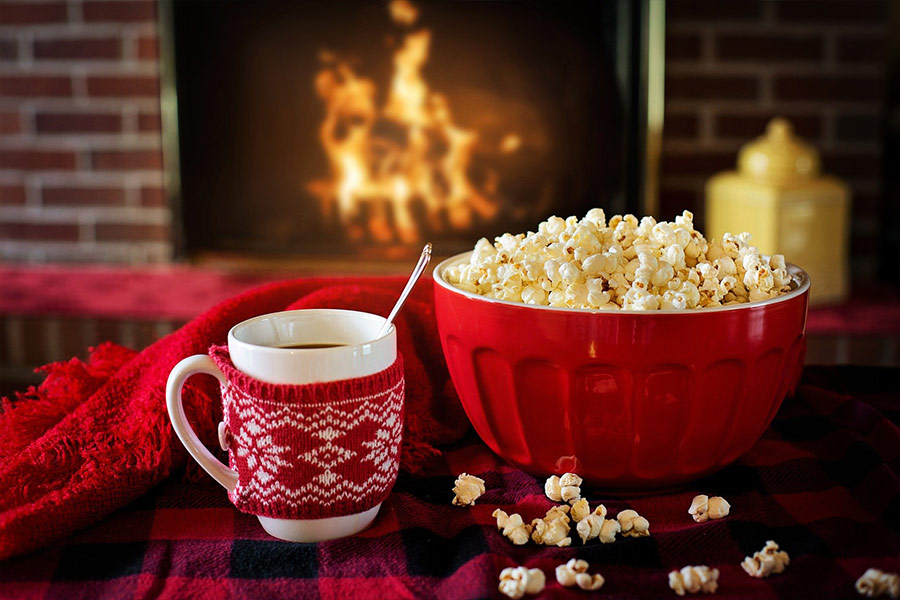 Warm and cozy with popcorn coffee fire place