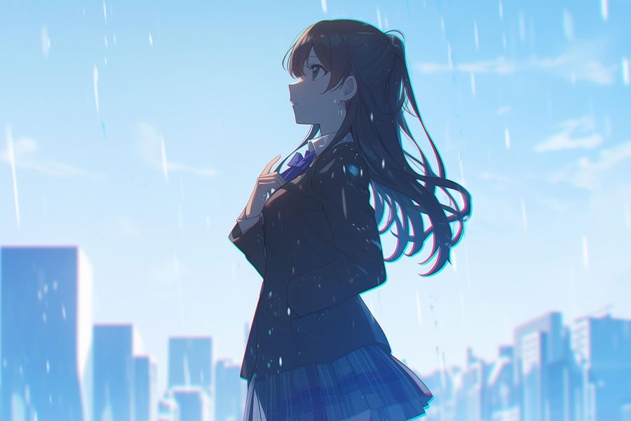 Girl in uniform standing in the rain