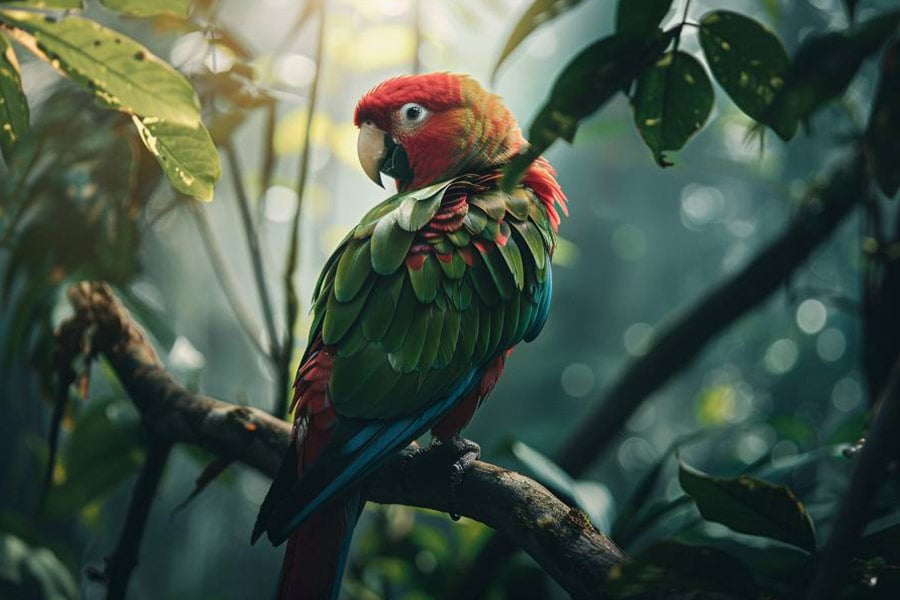 Loro posado en una rama en un lugar tropical