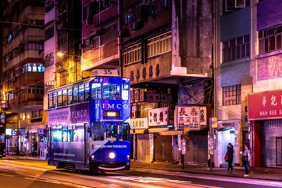 Hongkong City Nacht Doppelbus
