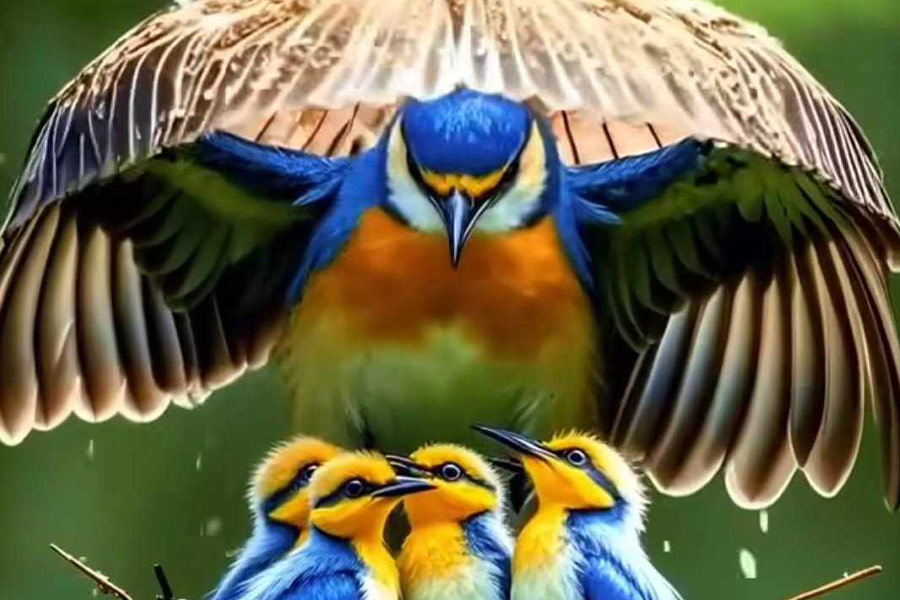 Mamá martín pescador cubriendo a sus crías