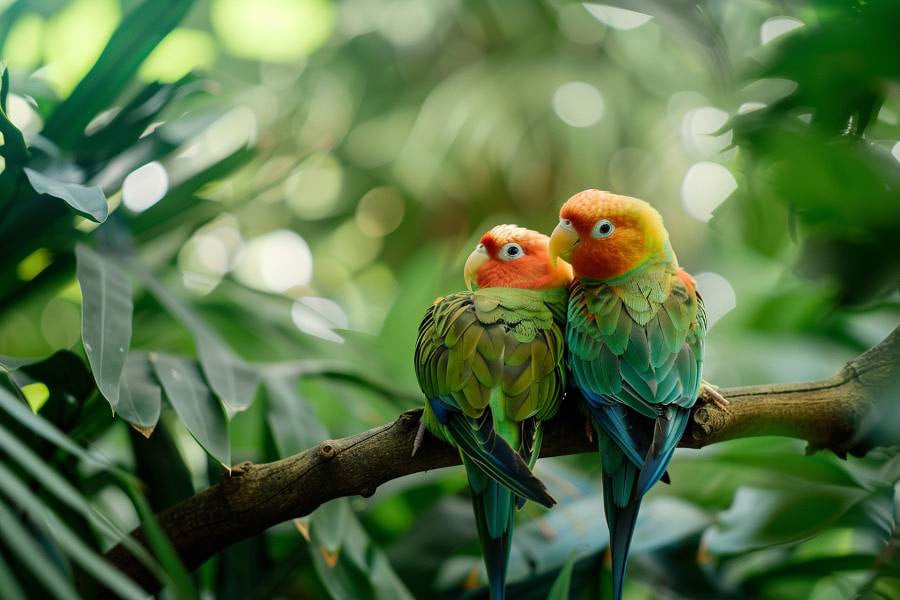 Een sereen tafereel van een paar tortelduifjes die op een tak zitten