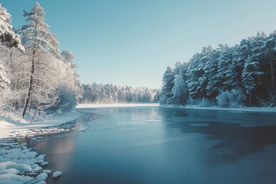 Des arbres couverts de neige et un lac gelé