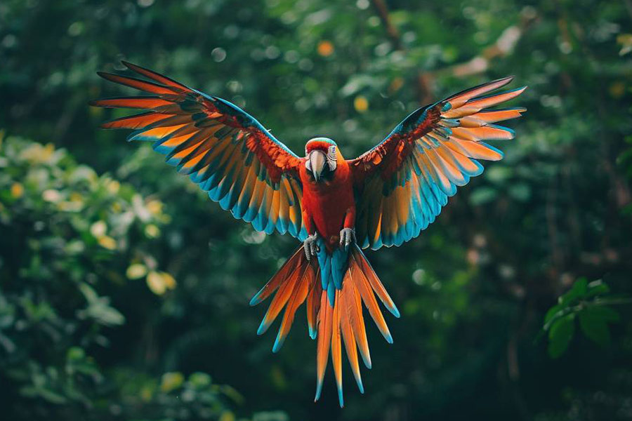 Guacamayo colorido desplegando sus alas
