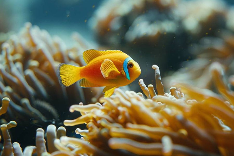 Gele kleine vissen zwemmen langs de koralen