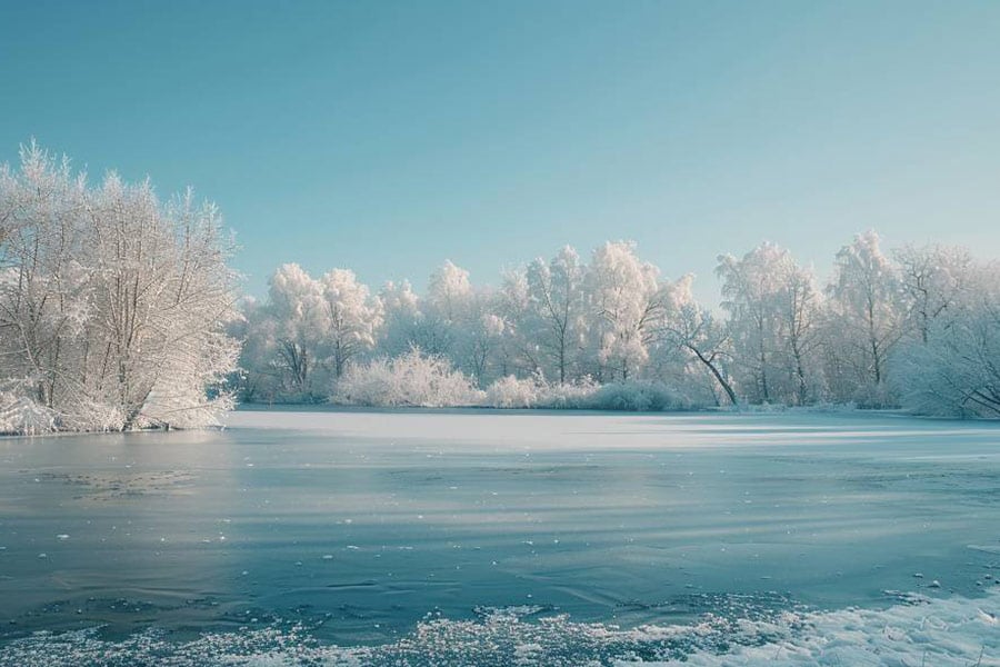 Lago ghiacciato circondato da alberi ghiacciati