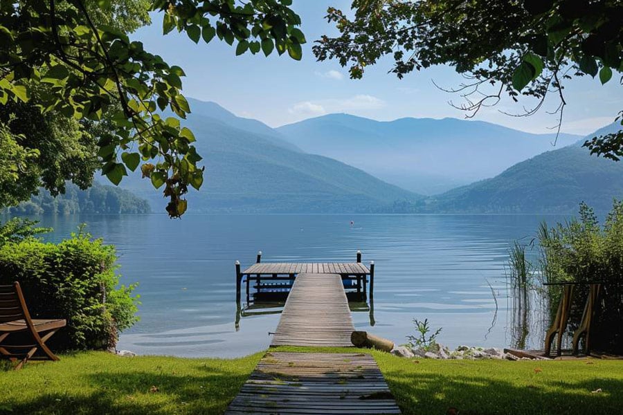 Peaceful lakeside with small wooden dock