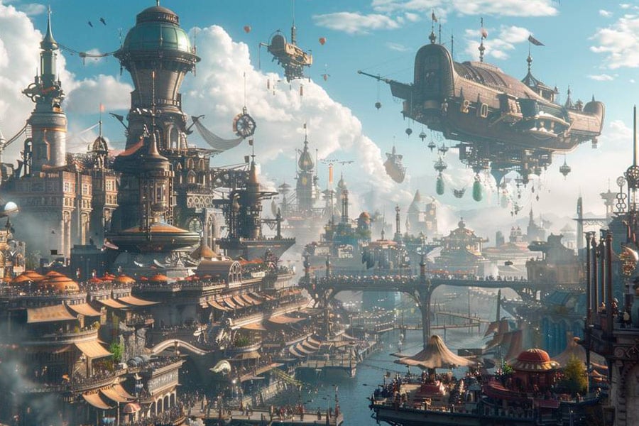 Tętniące życiem miasto fantasy z unoszącymi się nad nim, wysokimi iglicami