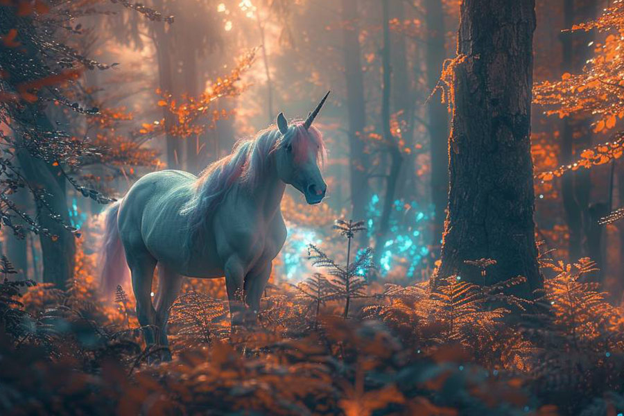 Magiczny las z wysokimi bioluminescencyjnymi drzewami i jednorożcem