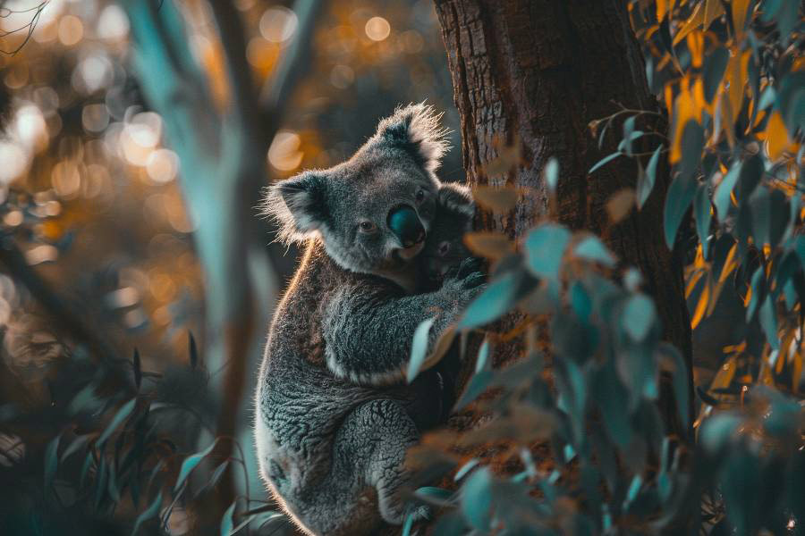 Babykoala klampt zich vast aan haar moeder