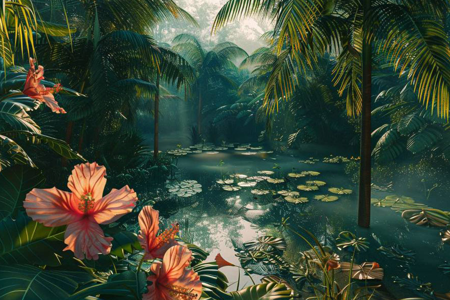 Tropical garden with towering palm trees