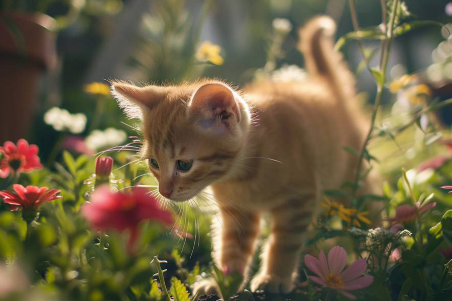 Een kitten die in een tuin op verkenning is