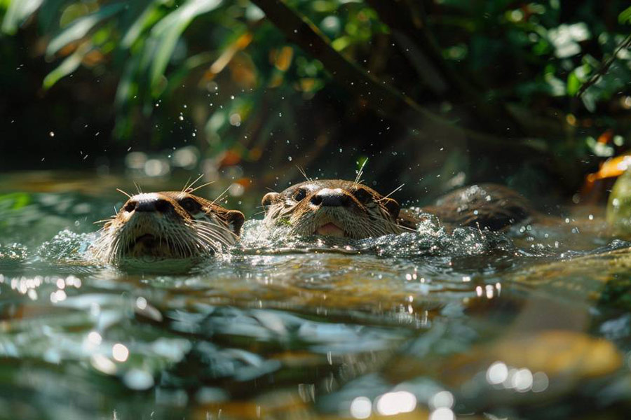 Een paar otters zwemmen speels