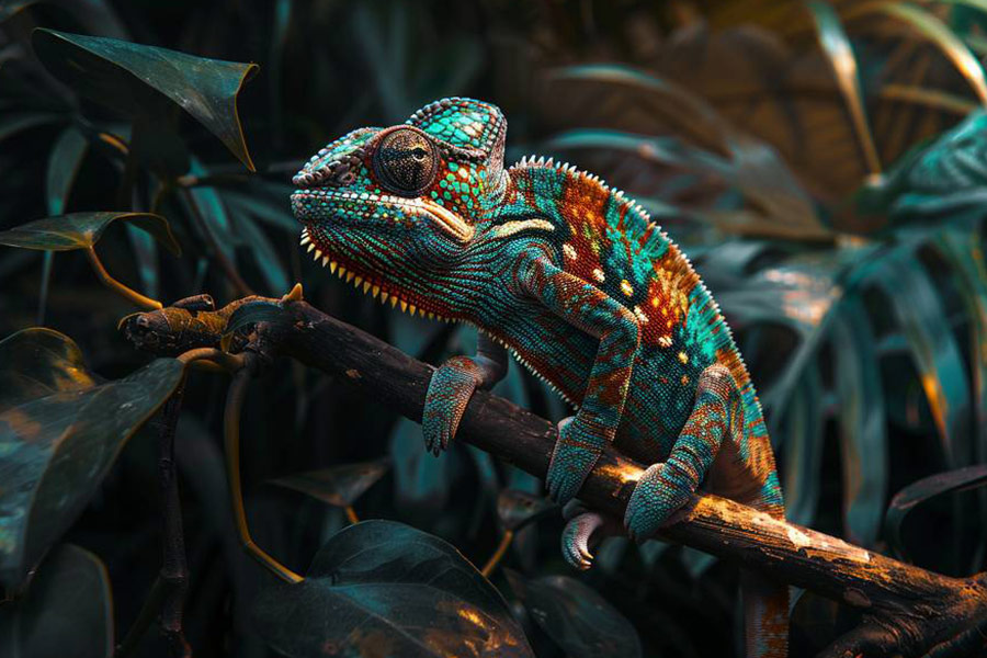 Kleurrijke kameleon die zich vastklampt aan een tak