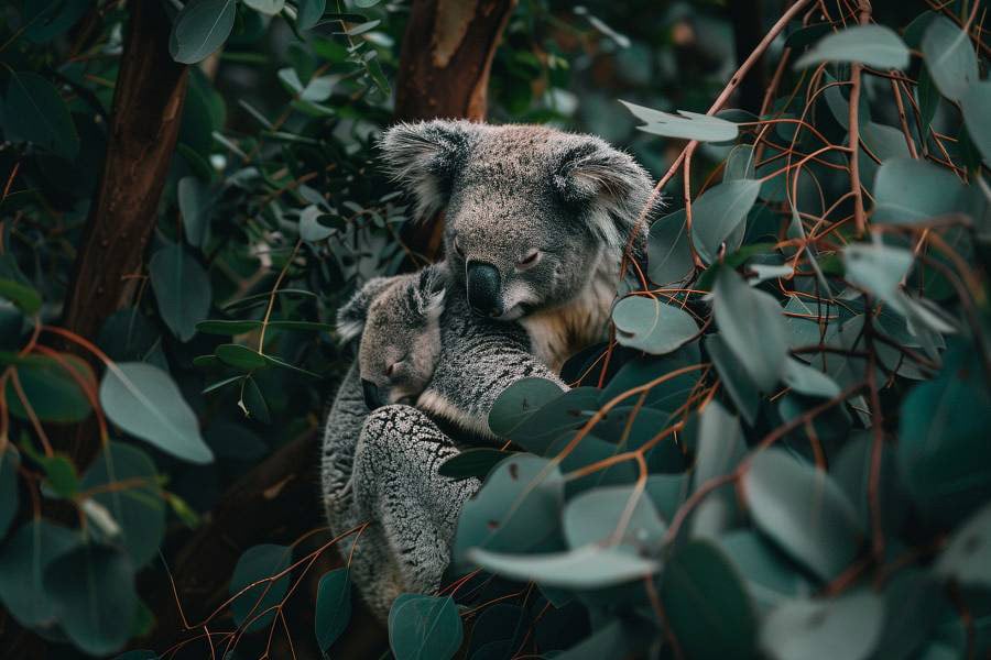 Een serene afbeelding van een moederkoala met haar baby die zich aan haar vastklampt
