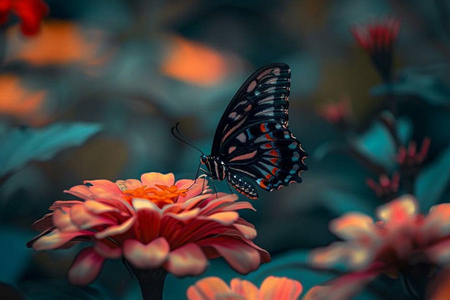 Una hermosa mariposa descansando sobre una flor vibrante.
