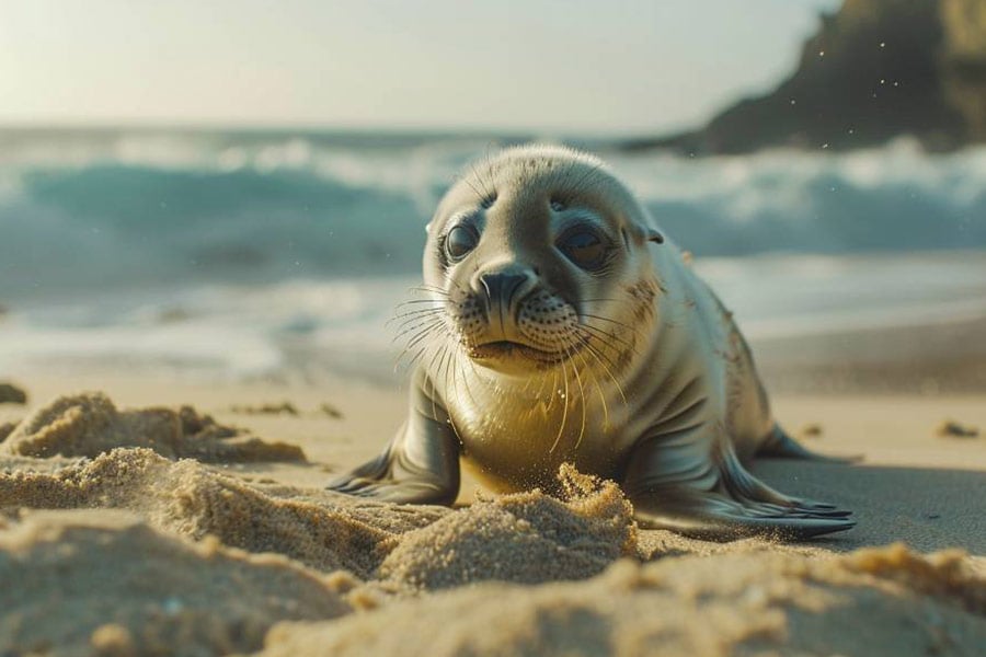 Een speelse zeehondenpup op een zandstrand