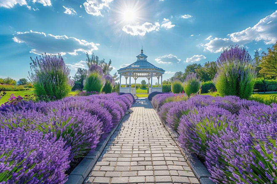 Ein Landschaftsbild von blühendem Lavendel