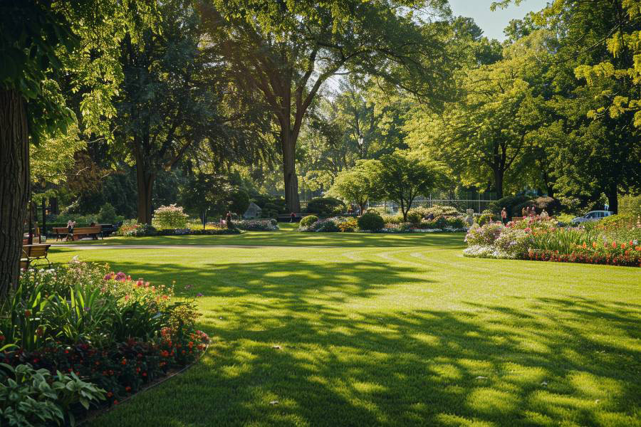 Tak zielony ogród lub park z kwiatami