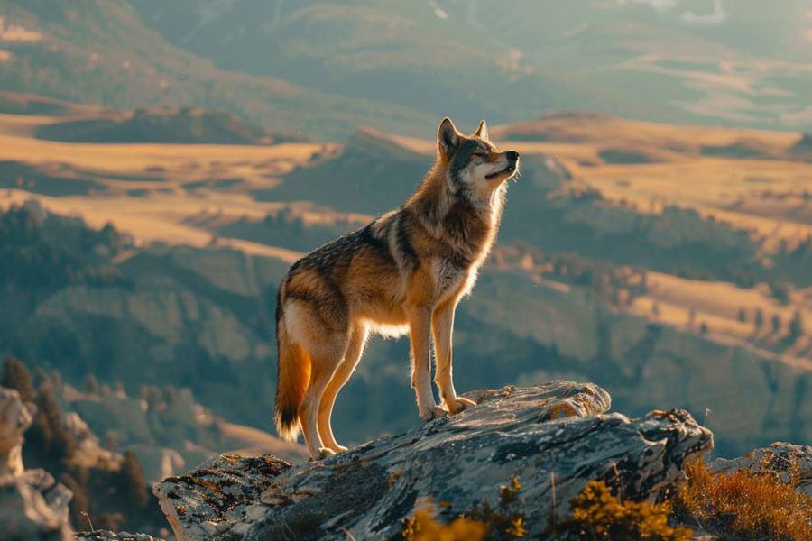 Een wolf die op een rotspunt staat te huilen