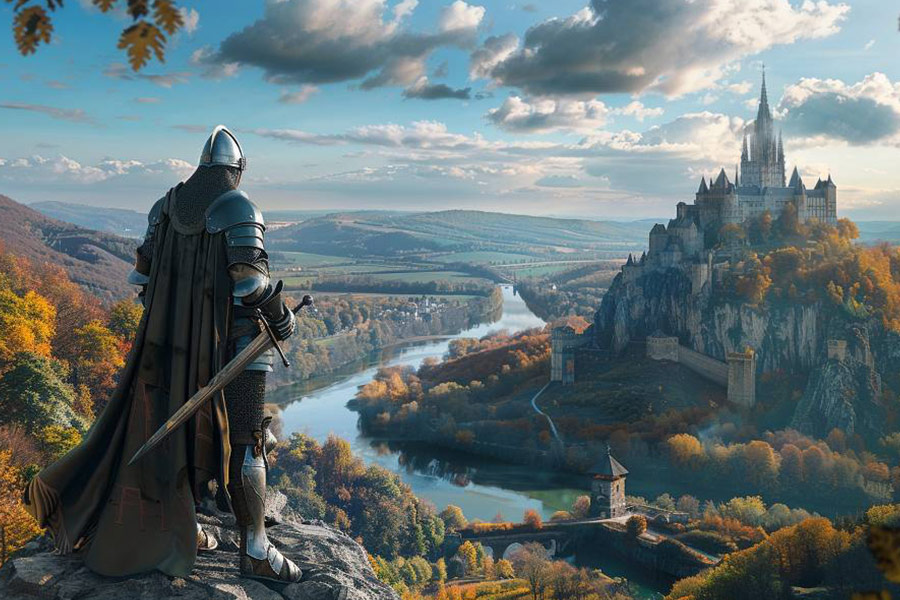 Rycerz w lśniącej zbroi stoi na straży