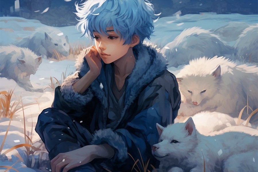 Chłopiec otoczony wilkiem