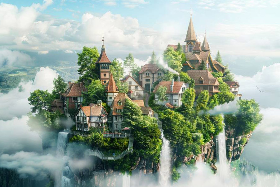 Fantazyjna pływająca wyspa z kaskadowymi wodospadami