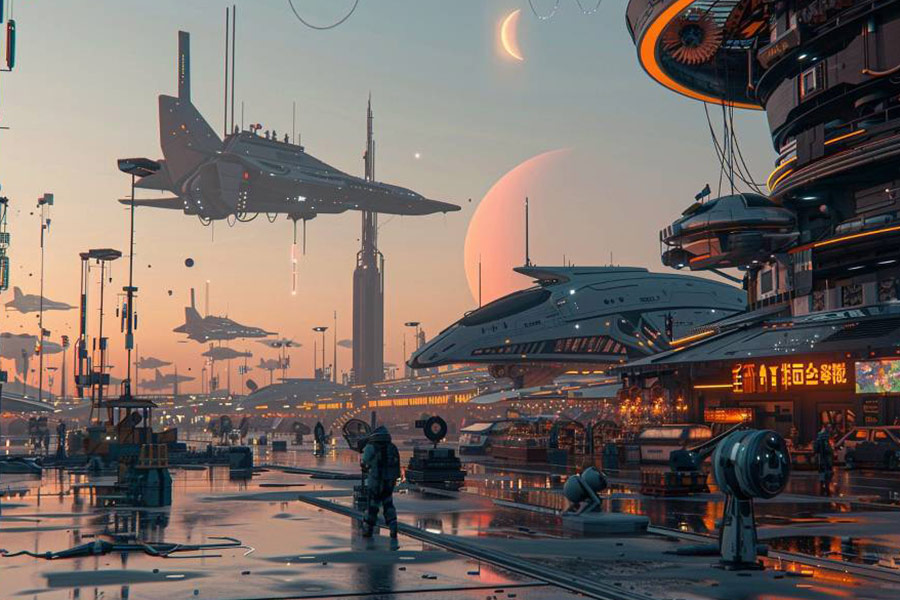 Tętniący życiem port kosmiczny na odległej planecie