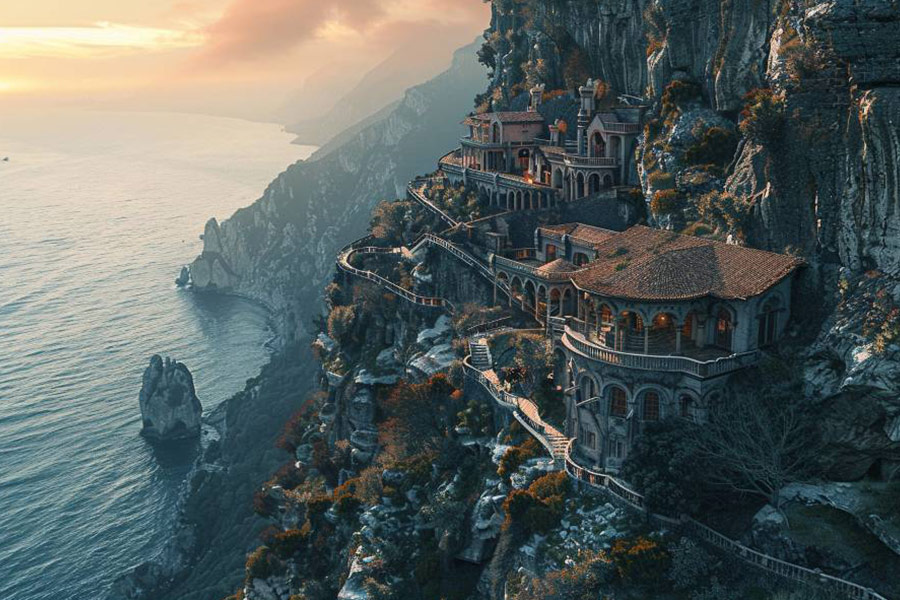 Ein dramatisches Dorf an der Klippe am Rande eines Felsenbergs