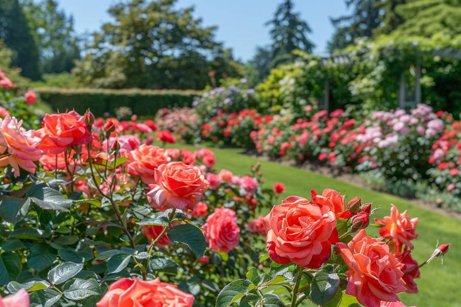 Jardín de rosas completamente cuidado