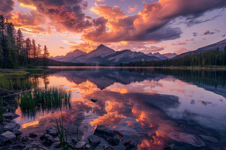 A breathtaking sunset over mountain lake