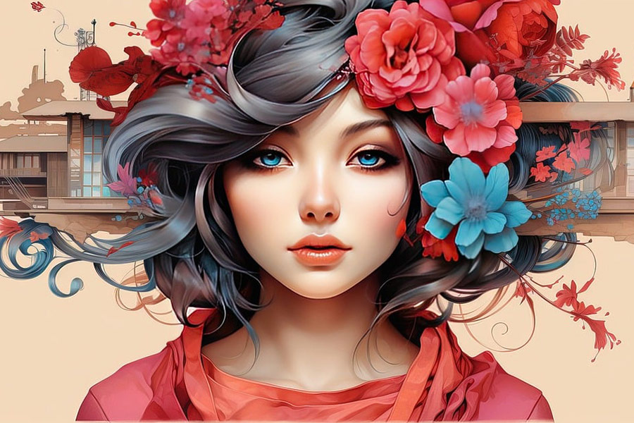 AI wygenerowała kwiaty na głowie kobiety