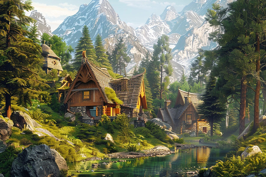 Beautiful cabin houses in the mountain