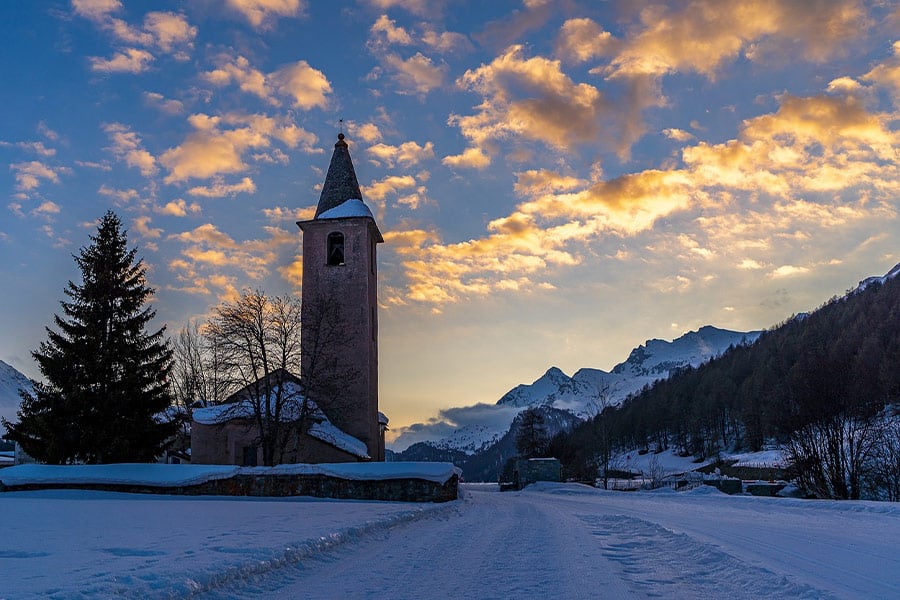 Winter time landscape with church background