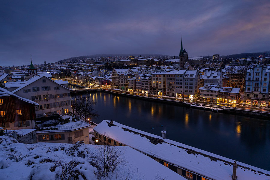 Evening winter looks Zurich City