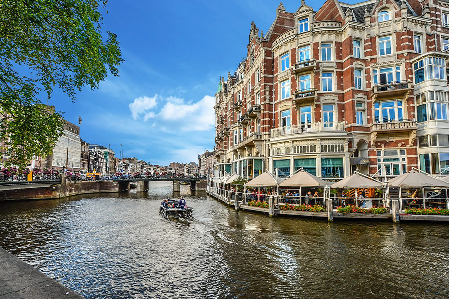 Amsterdam canal and restaurant
