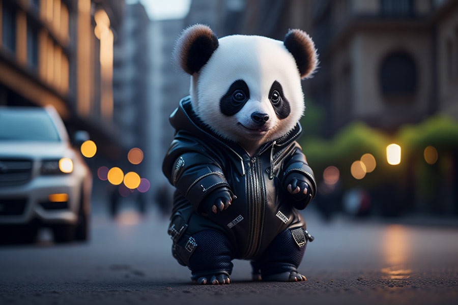 Baby panda in leather attire