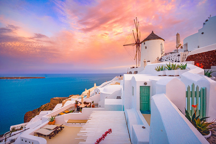 Famous houses Santorini Greece blue domes Caldera Aegean sea