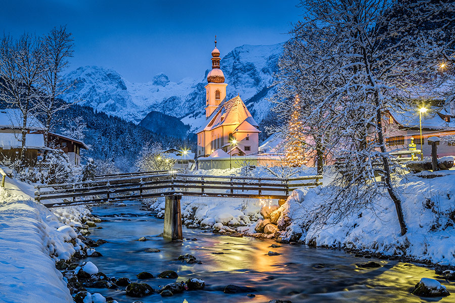 Church Ramsau winter twilight Bavaria Germany