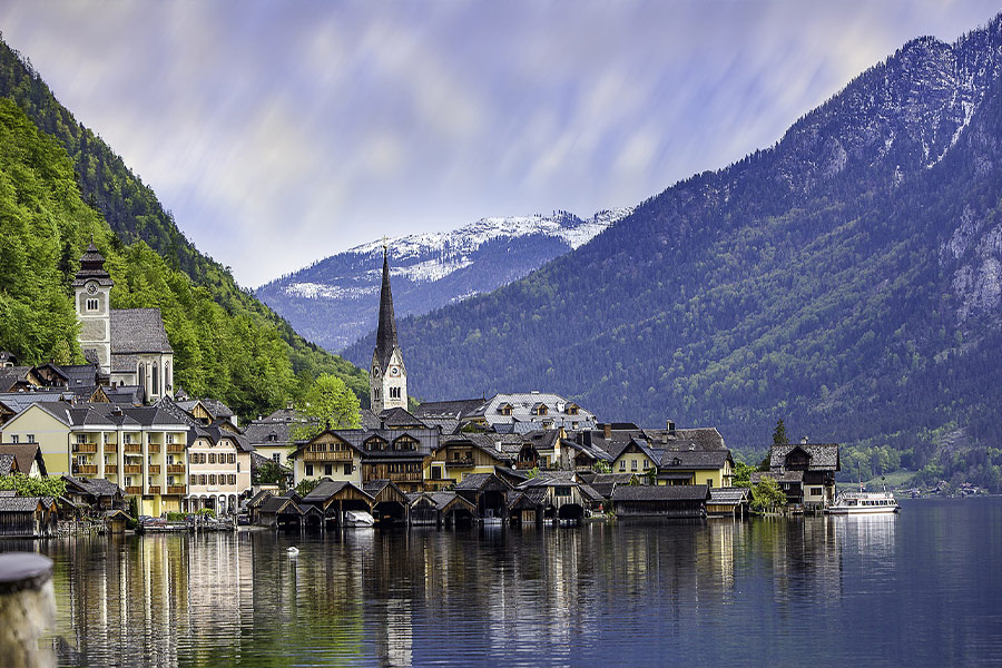 Houses building village river mountains