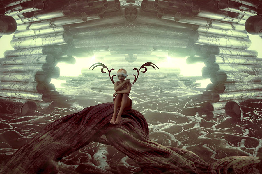 Gloomy cave mysterious elf sit in mood